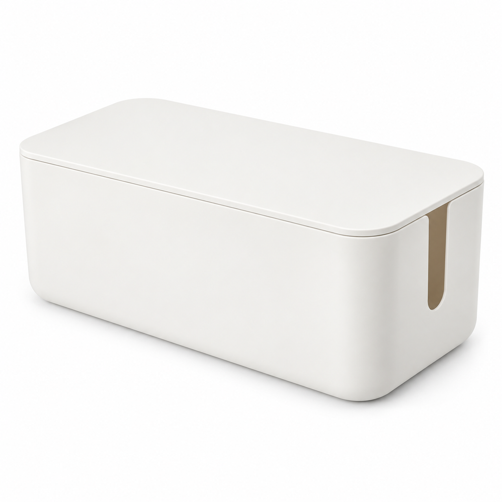 Soft White Small Cable Storage Box with Lid on a white background