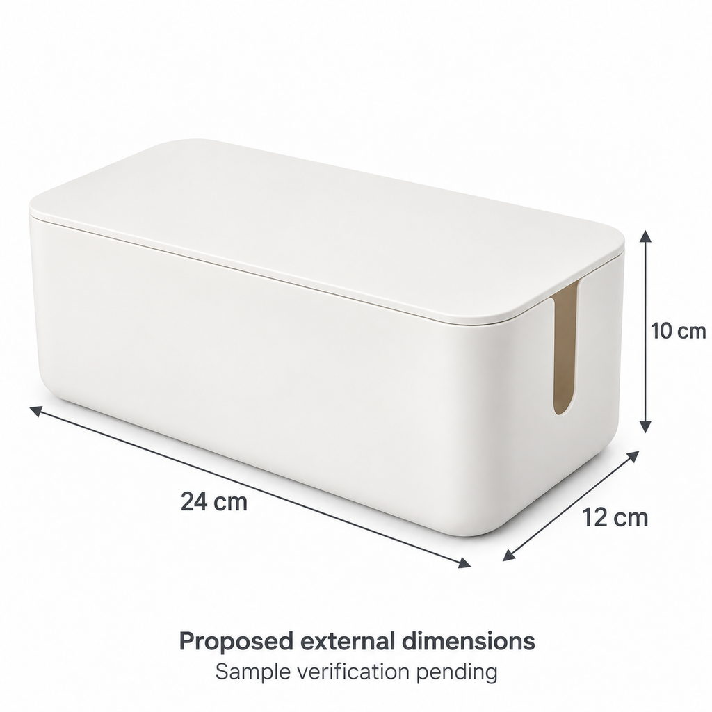 Soft White Small Cable Storage Box with Lid with proposed external dimensions