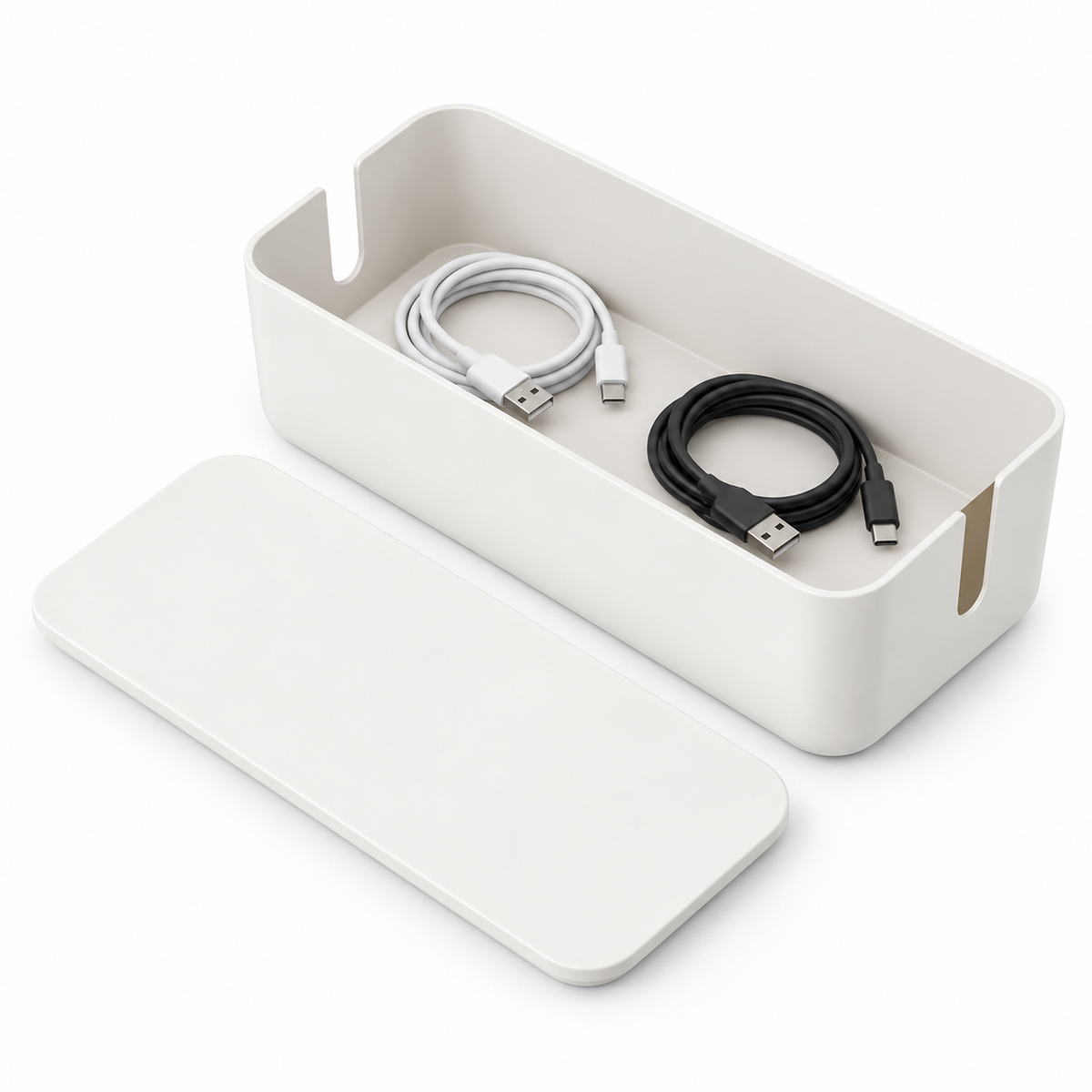 Soft White Small Cable Storage Box with Lid open to show loose cable storage