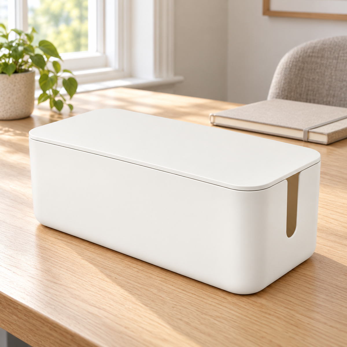 Soft White Small Cable Storage Box with Lid on a home office desk