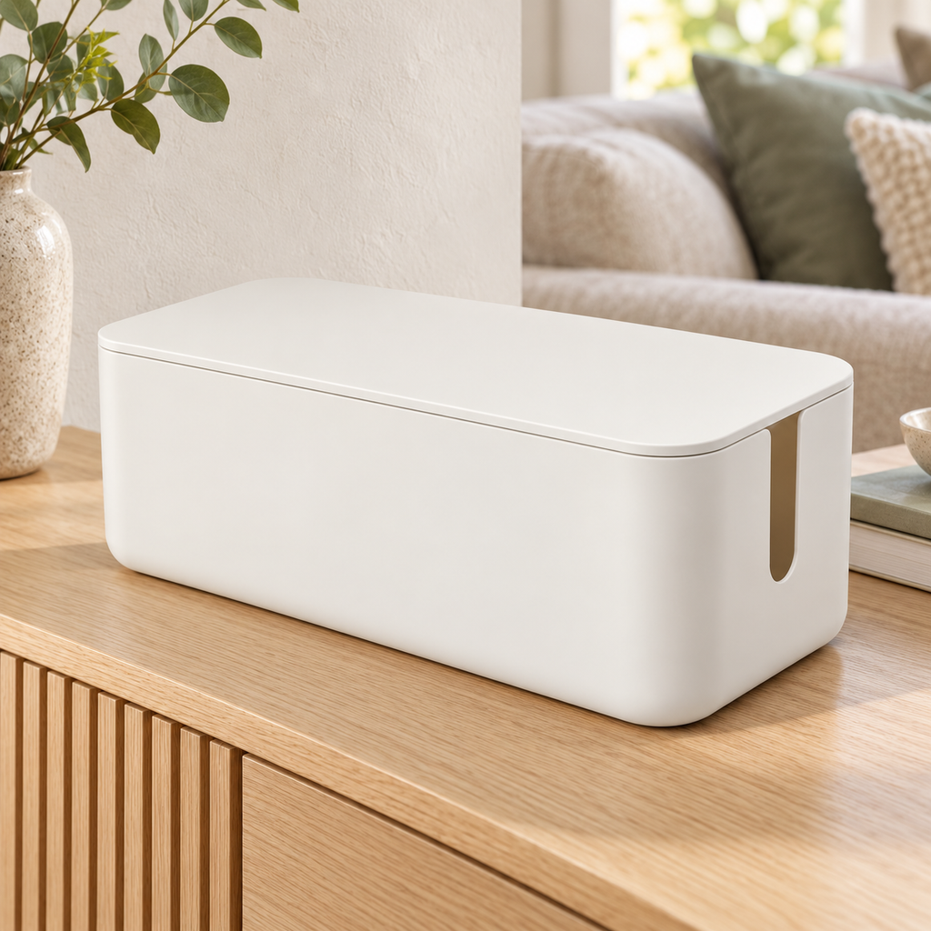 Soft White Small Cable Storage Box with Lid on a living room console shelf