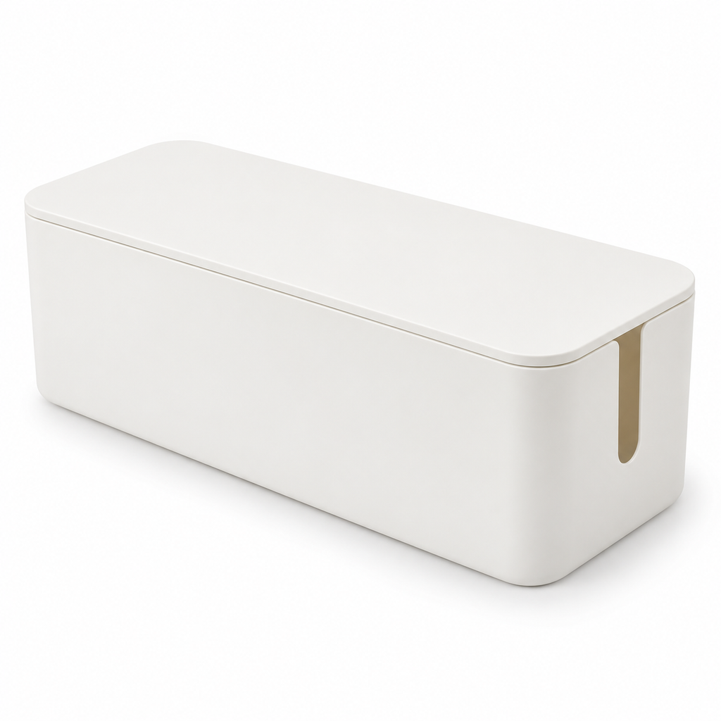 Soft White Medium Cable Storage Box with Lid on a white background