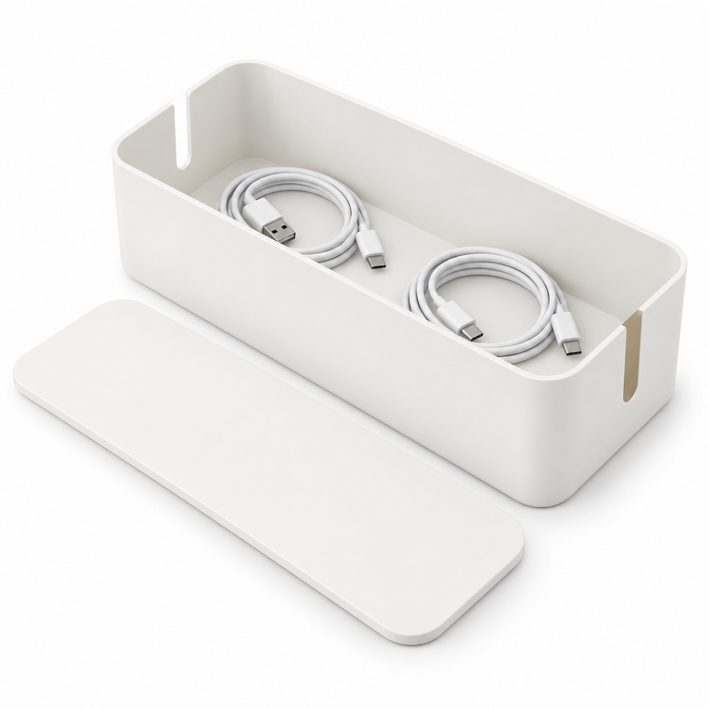 Soft White Medium Cable Storage Box with Lid open to show loose cable storage