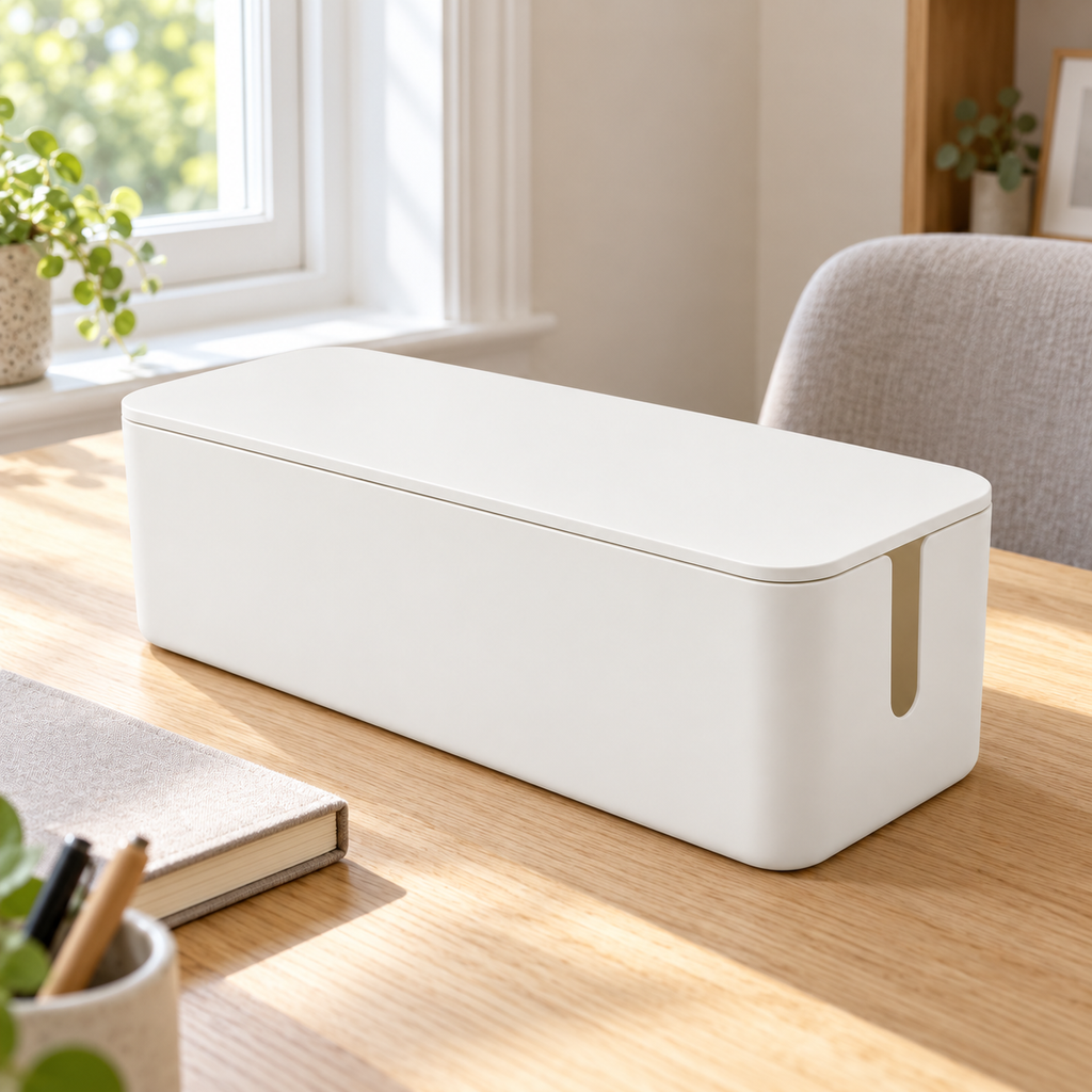 Soft White Medium Cable Storage Box with Lid on a home office desk