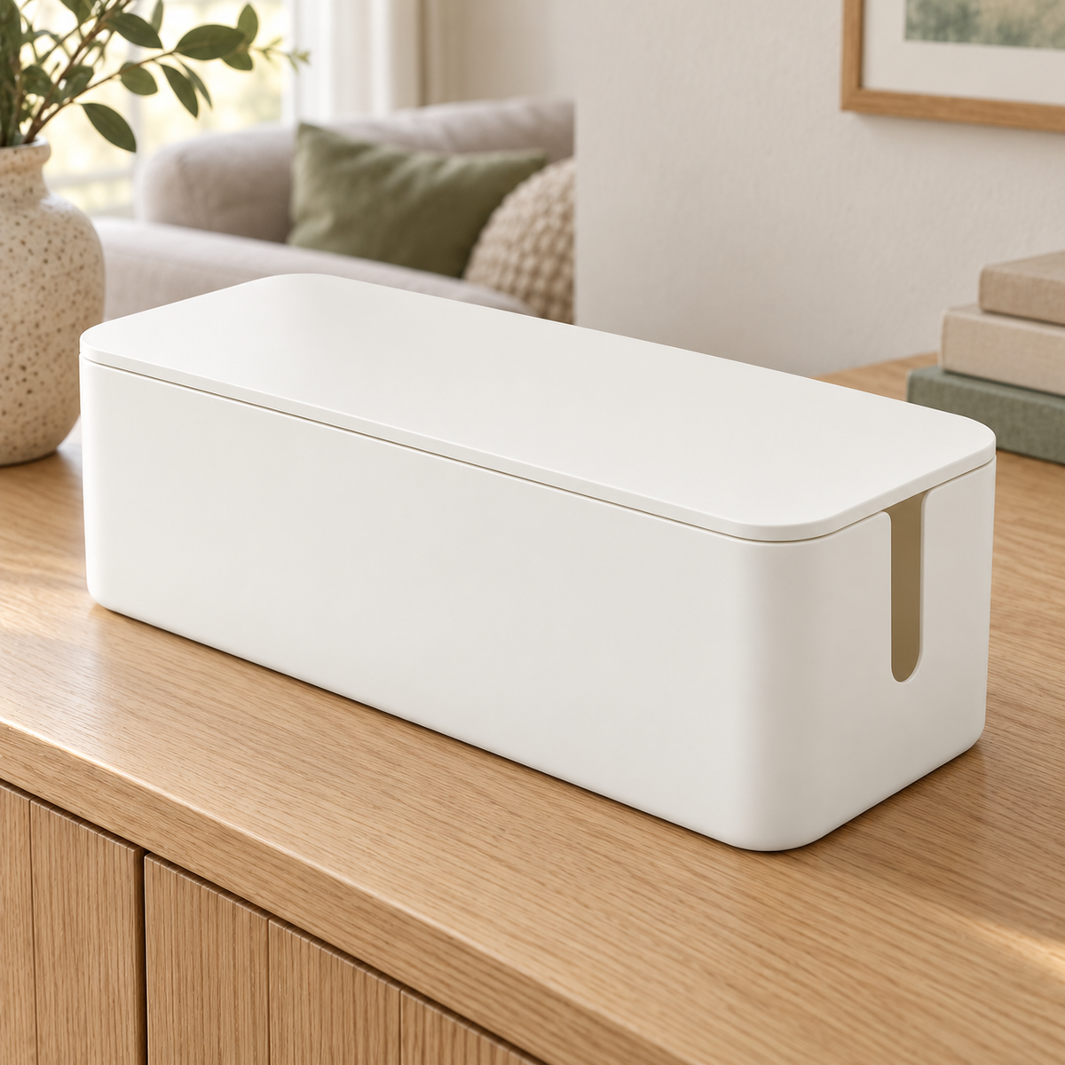 Soft White Medium Cable Storage Box with Lid on a living room console shelf