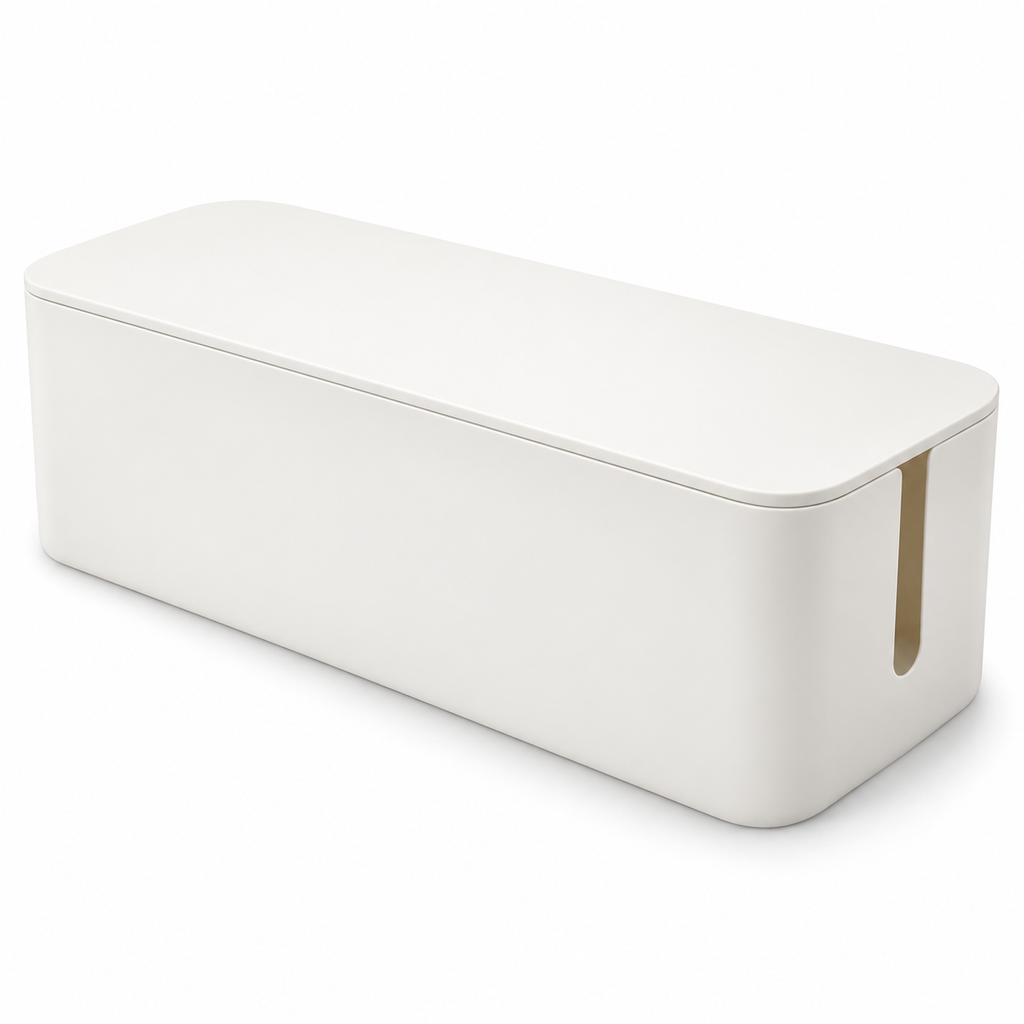 Soft White Large Cable Storage Box with Lid on a white background