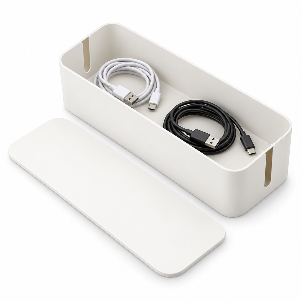 Soft White Large Cable Storage Box with Lid open to show loose cable storage