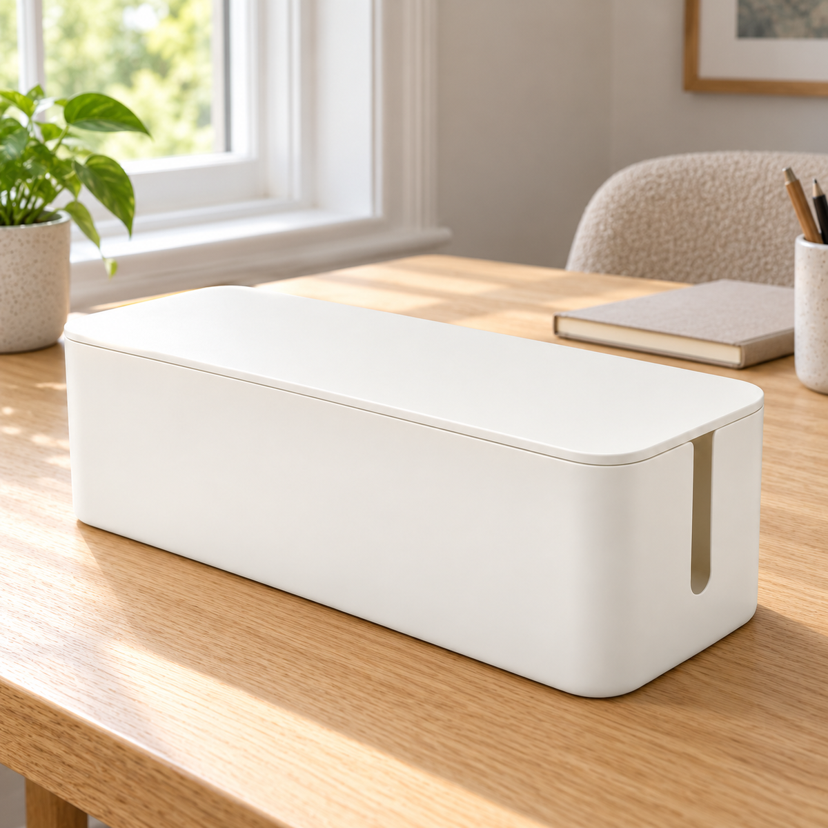 Soft White Large Cable Storage Box with Lid on a home office desk
