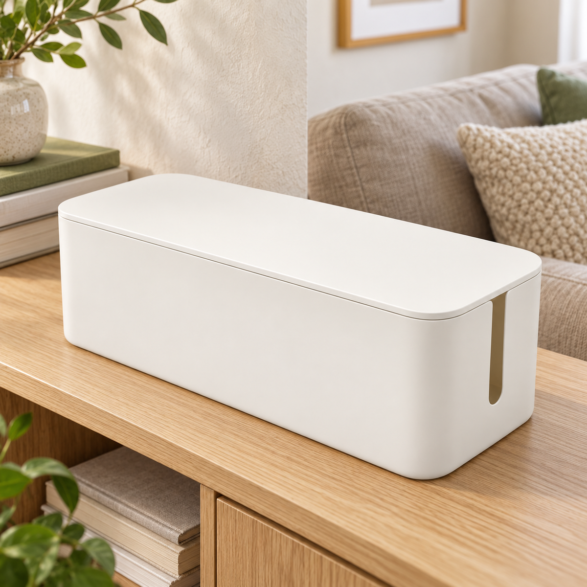 Soft White Large Cable Storage Box with Lid on a living room console shelf
