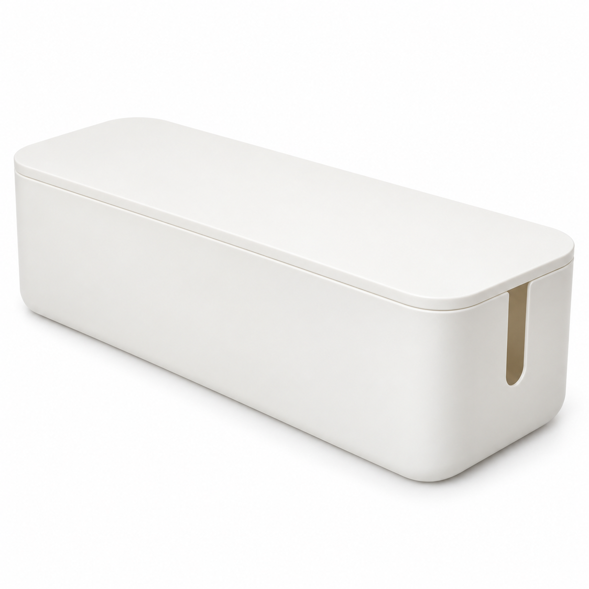 Soft White Slim Cable Storage Box with Lid on a white background