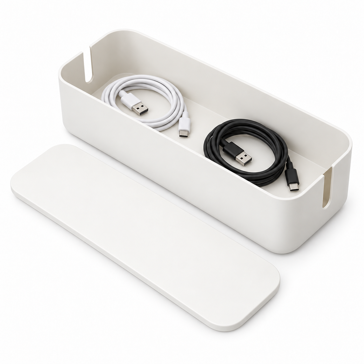 Soft White Slim Cable Storage Box with Lid open to show loose cable storage