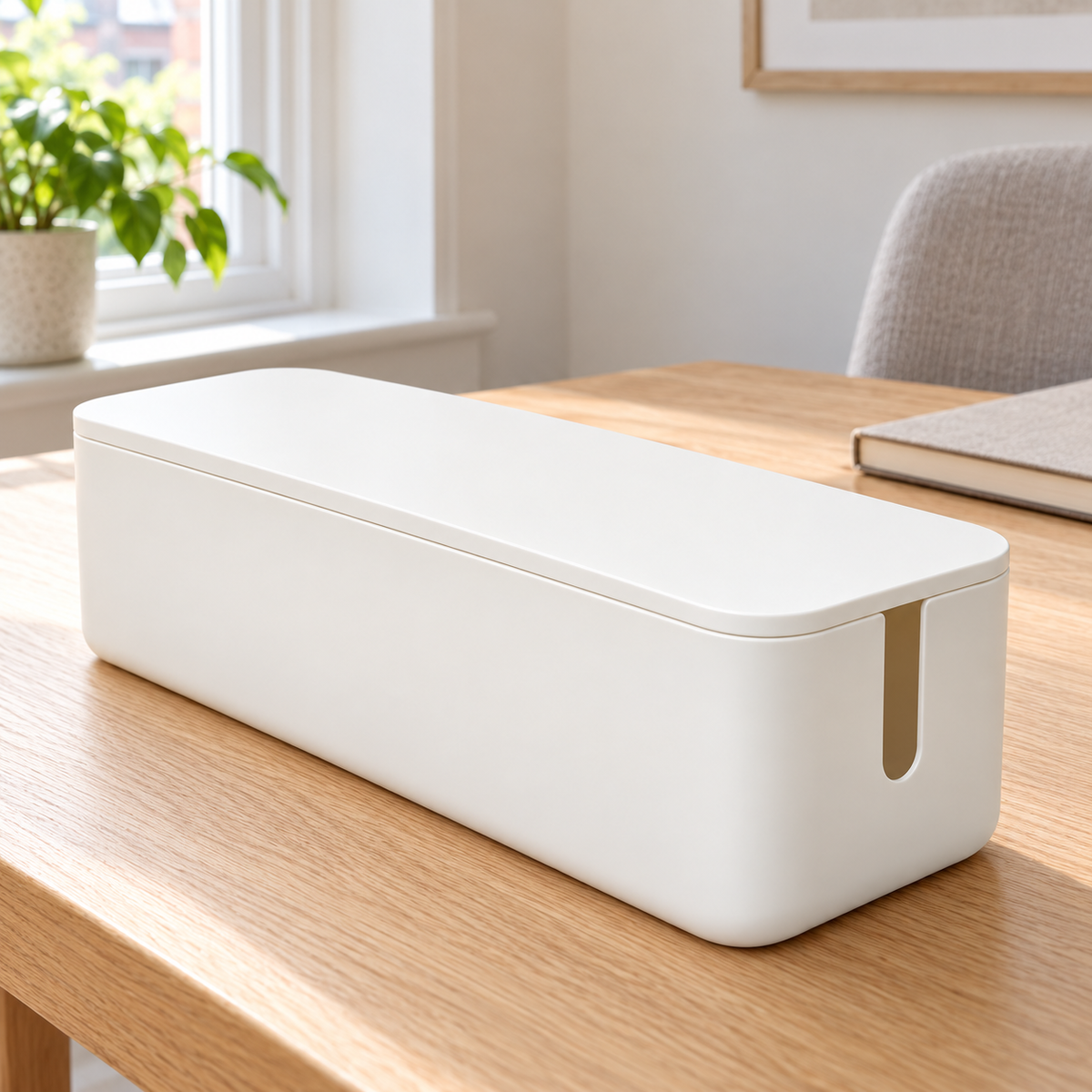 Soft White Slim Cable Storage Box with Lid on a home office desk