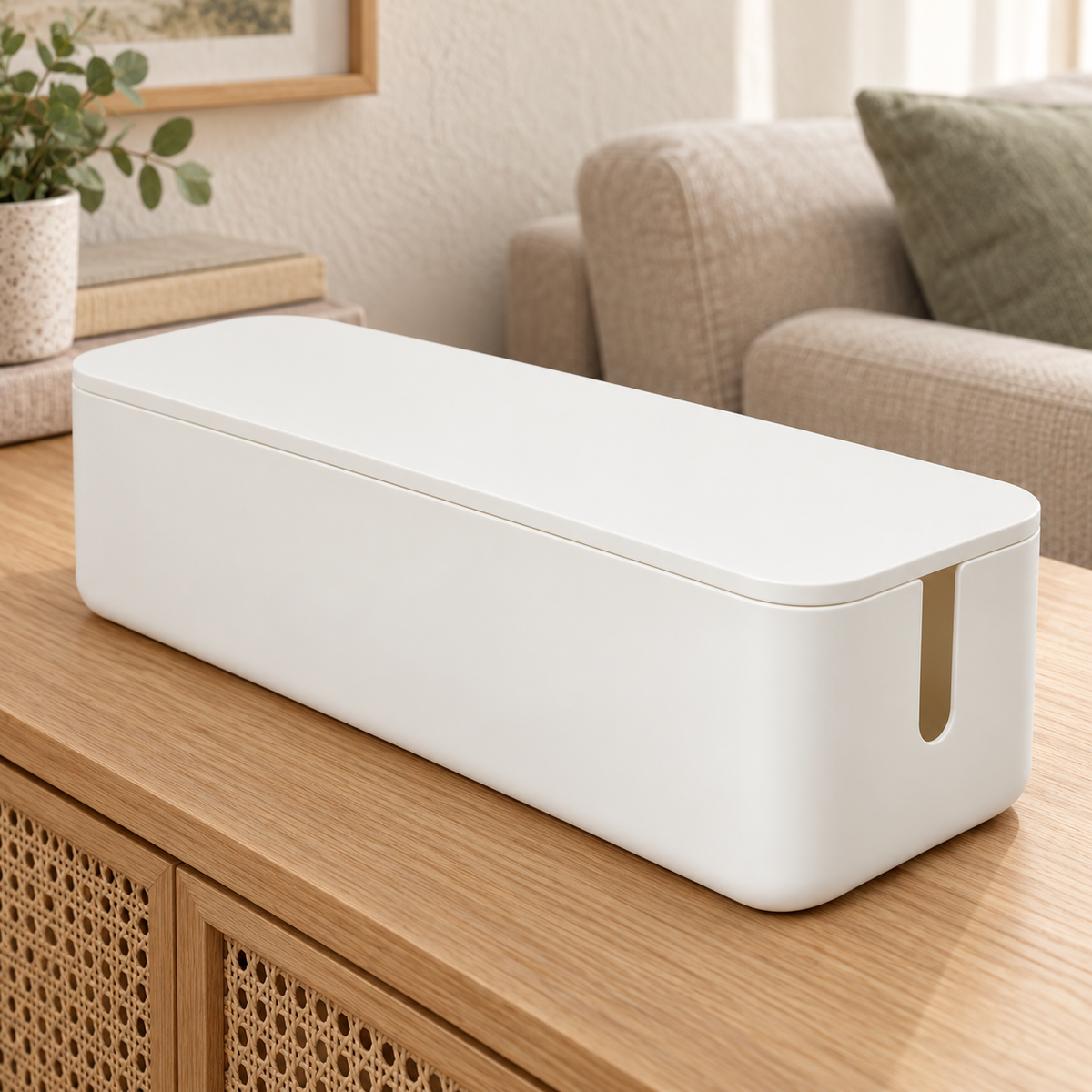 Soft White Slim Cable Storage Box with Lid on a living room console shelf