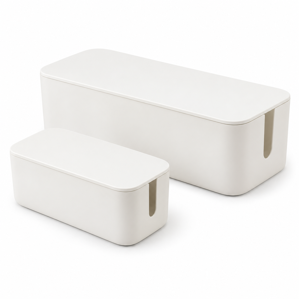 Soft White Small and Large Cable Storage Boxes, 2-Piece Set on a white background