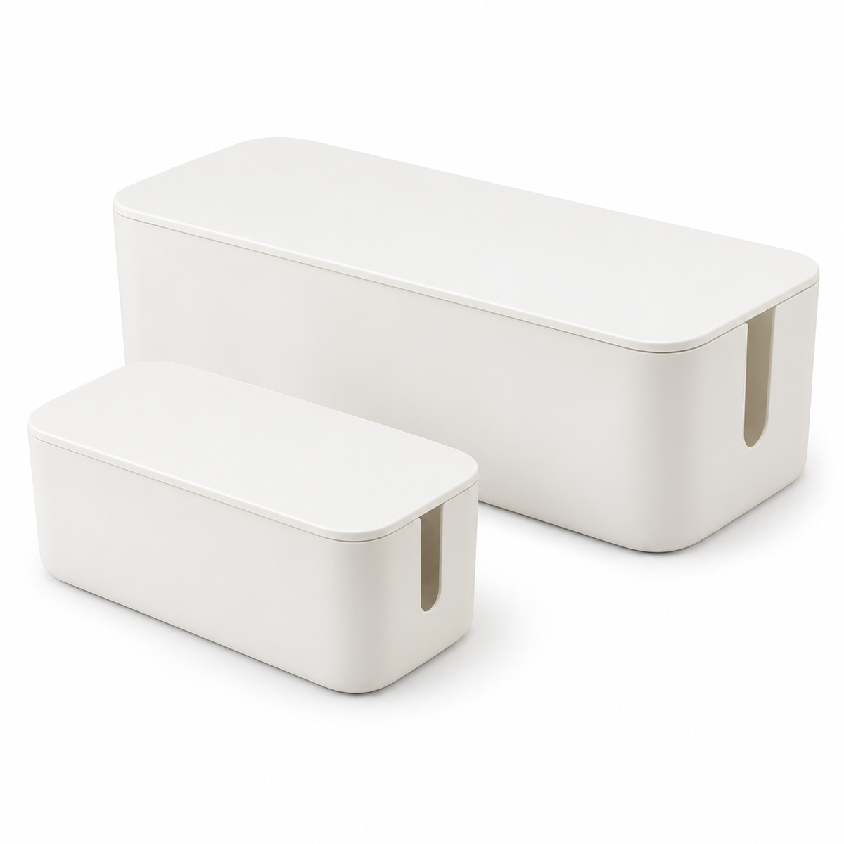 Soft White Small and Large Cable Storage Boxes, 2-Piece Set on a white background