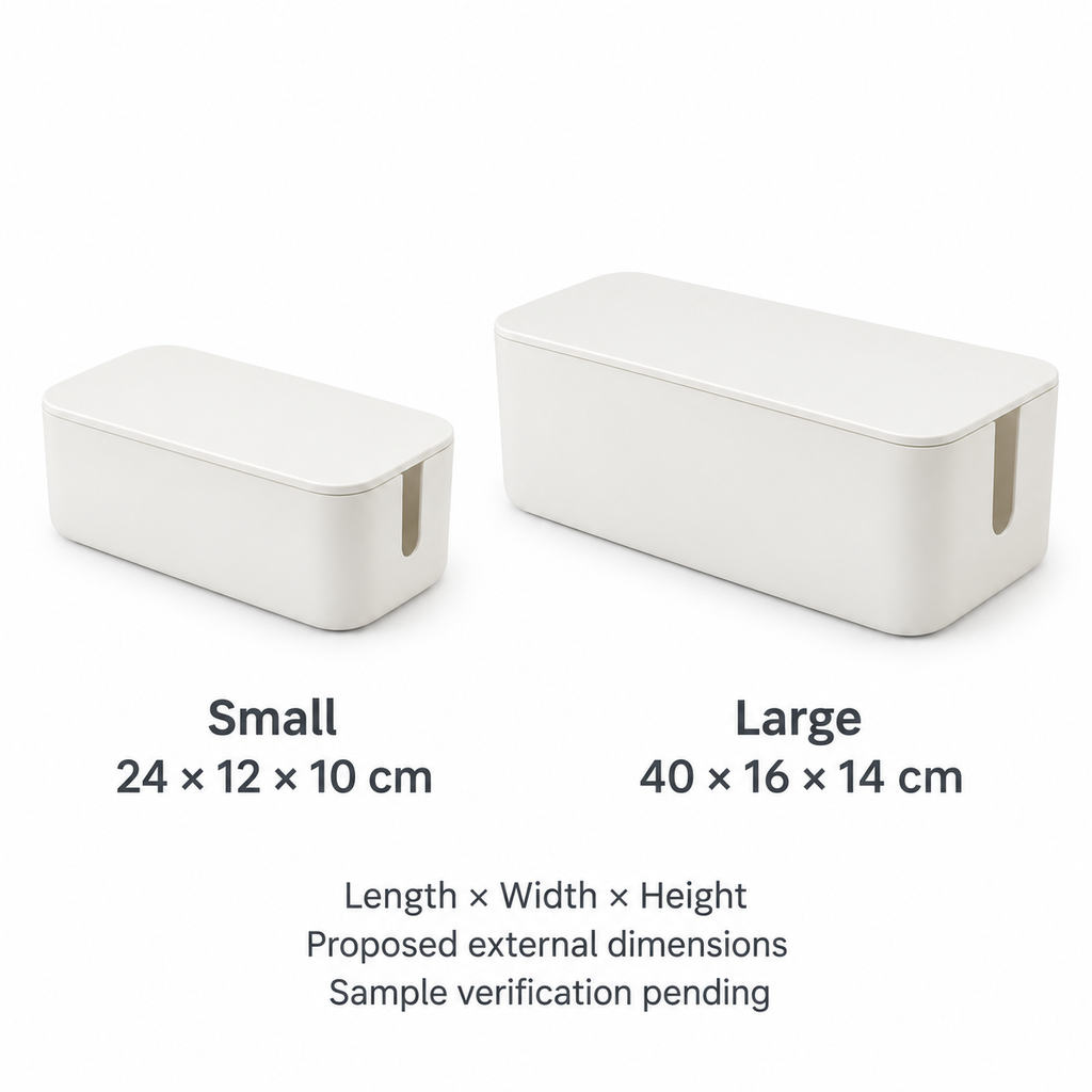 Soft White Small and Large Cable Storage Boxes, 2-Piece Set with proposed external dimensions