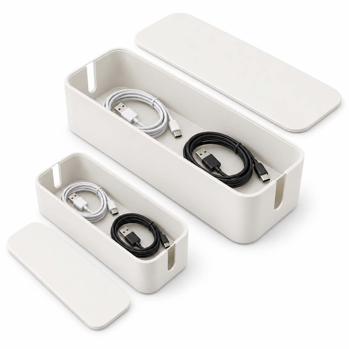 Soft White Small and Large Cable Storage Boxes, 2-Piece Set open to show loose cable storage
