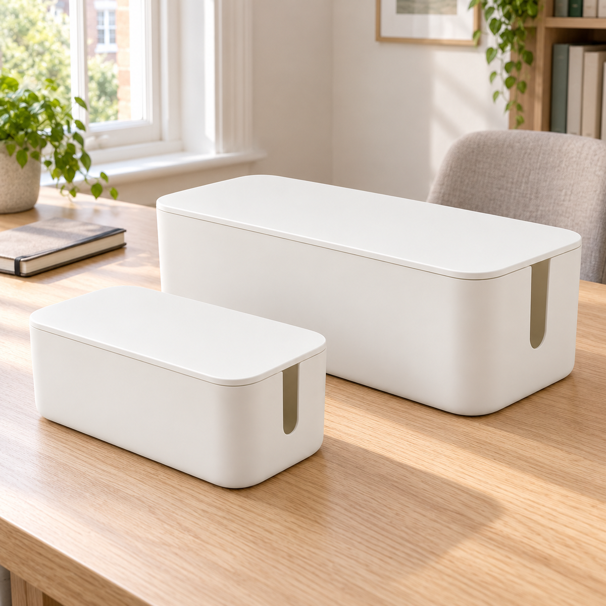 Soft White Small and Large Cable Storage Boxes, 2-Piece Set on a home office desk