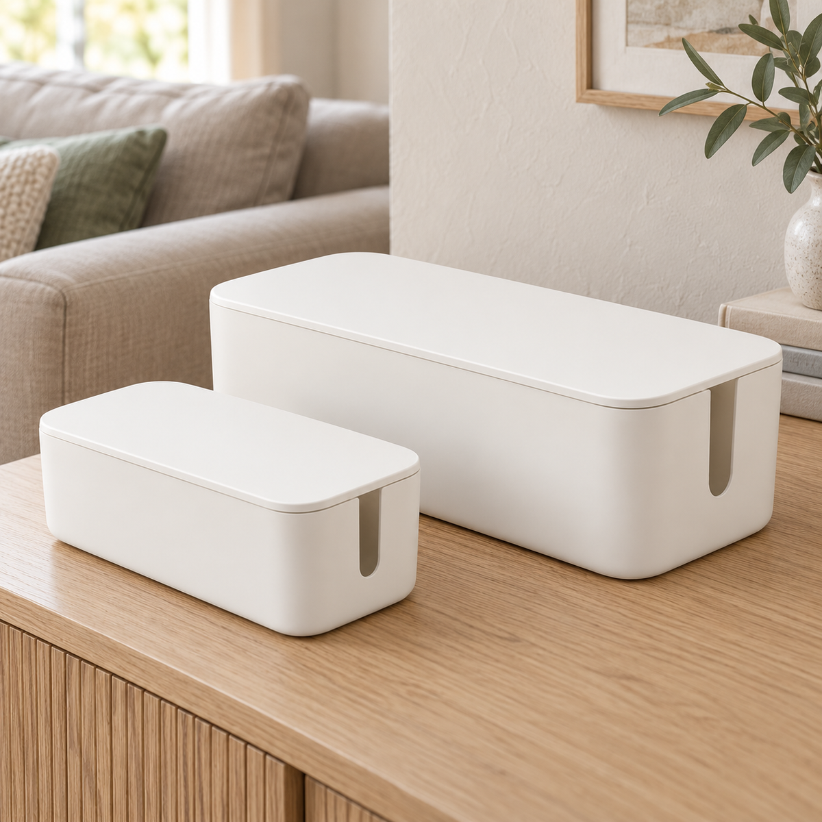 Soft White Small and Large Cable Storage Boxes, 2-Piece Set on a living room console shelf