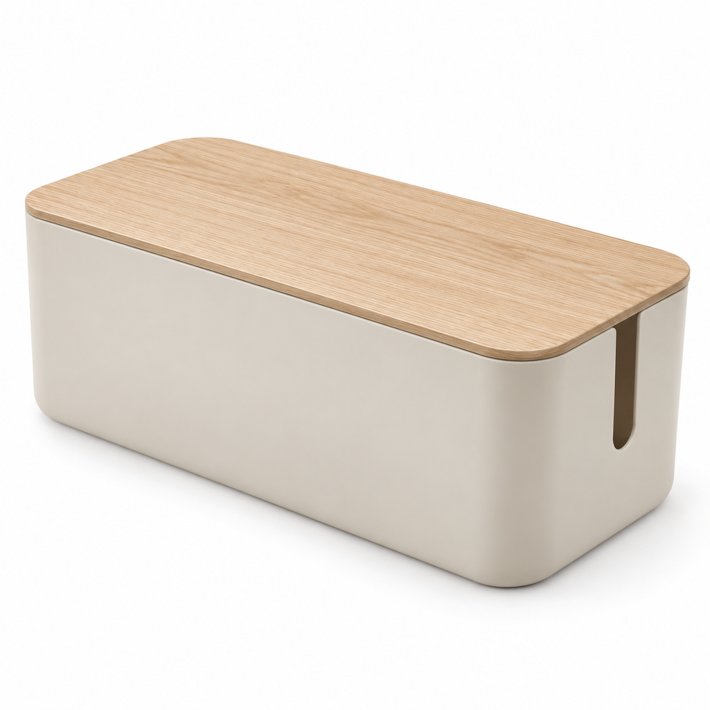 Natural Oat Small Cable Storage Box with Lid on a white background