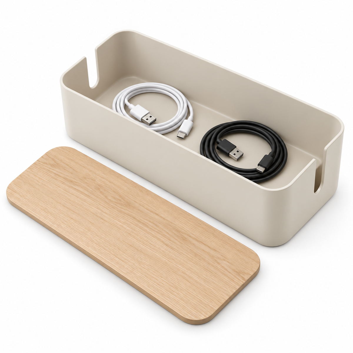 Natural Oat Small Cable Storage Box with Lid open to show loose cable storage