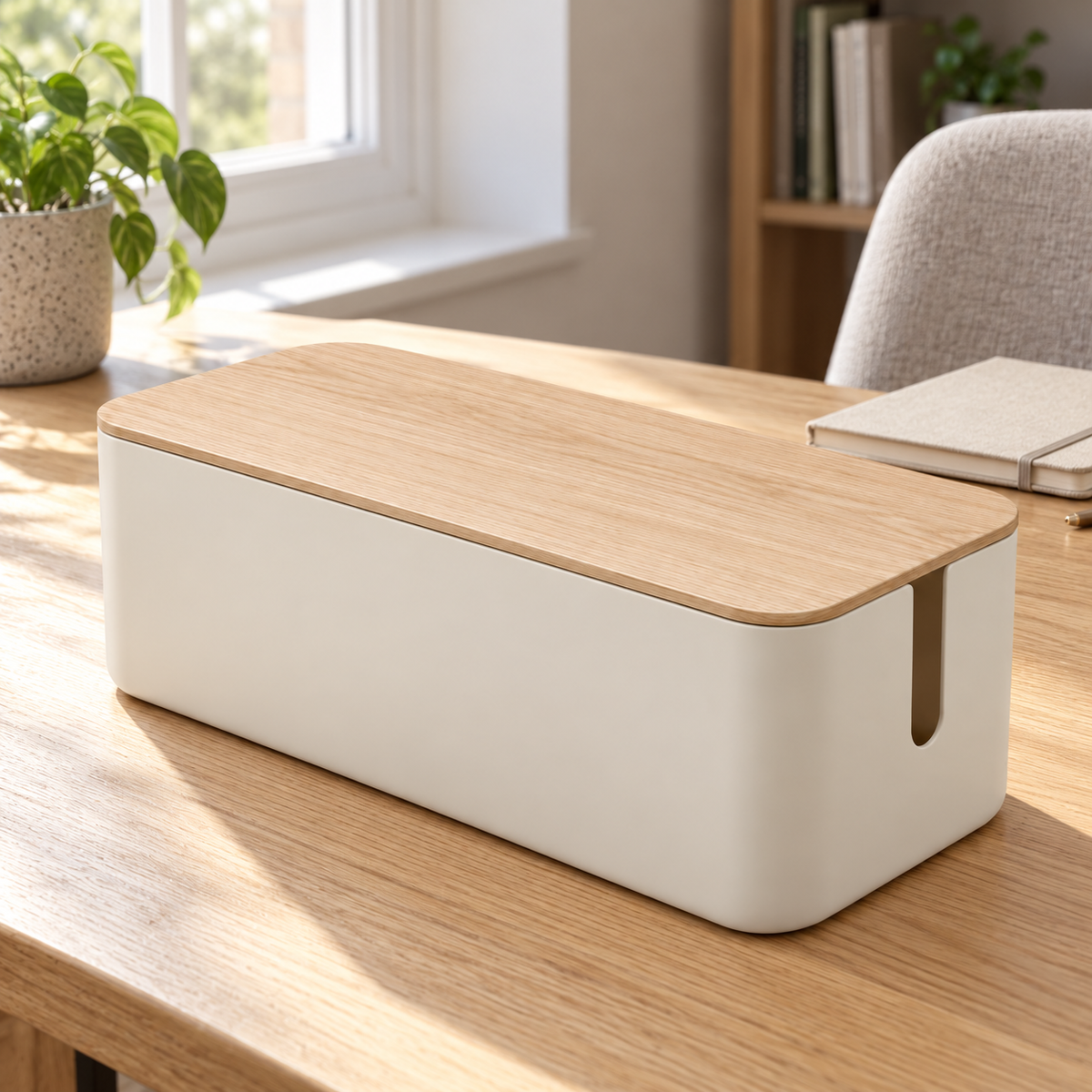 Natural Oat Small Cable Storage Box with Lid on a home office desk