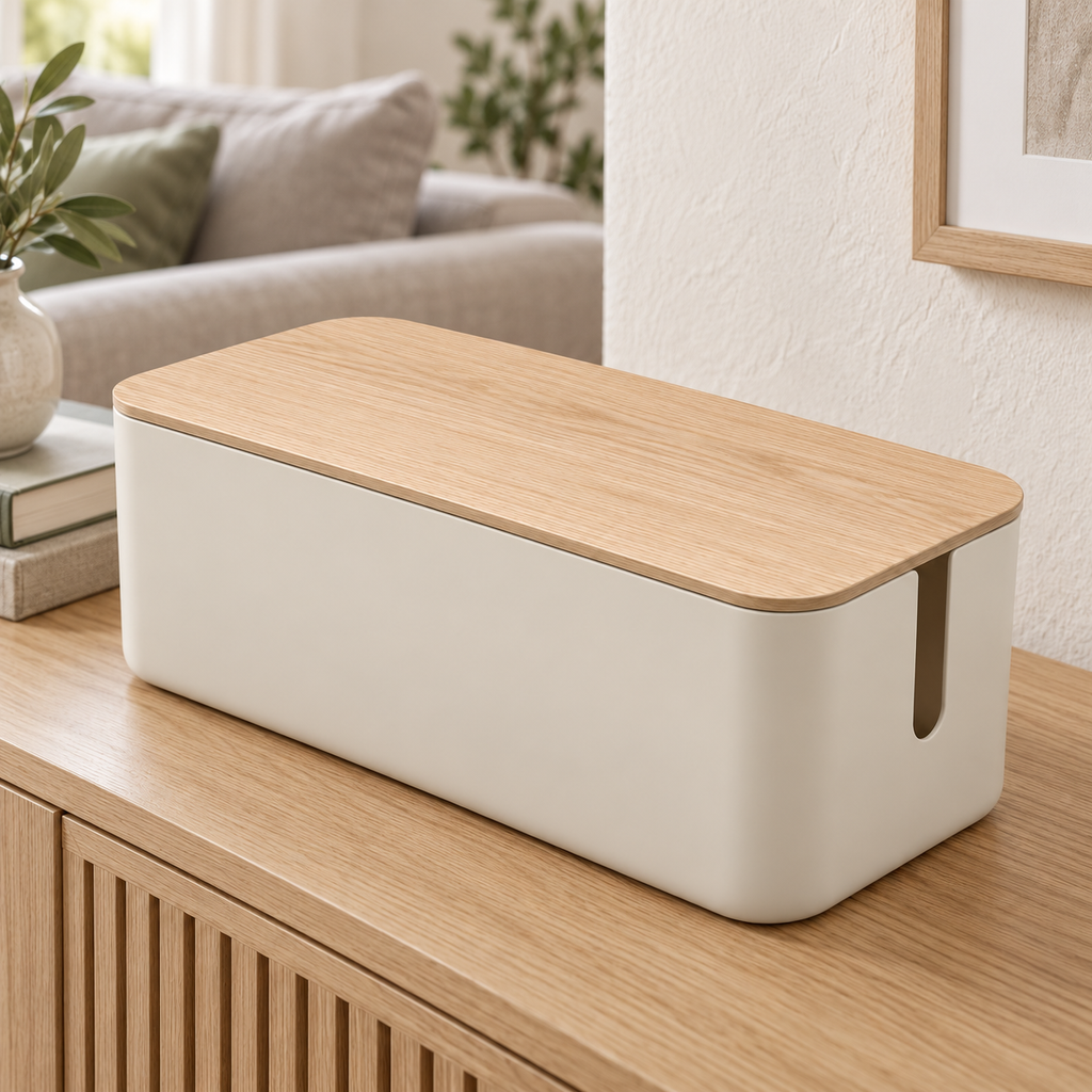 Natural Oat Small Cable Storage Box with Lid on a living room console shelf