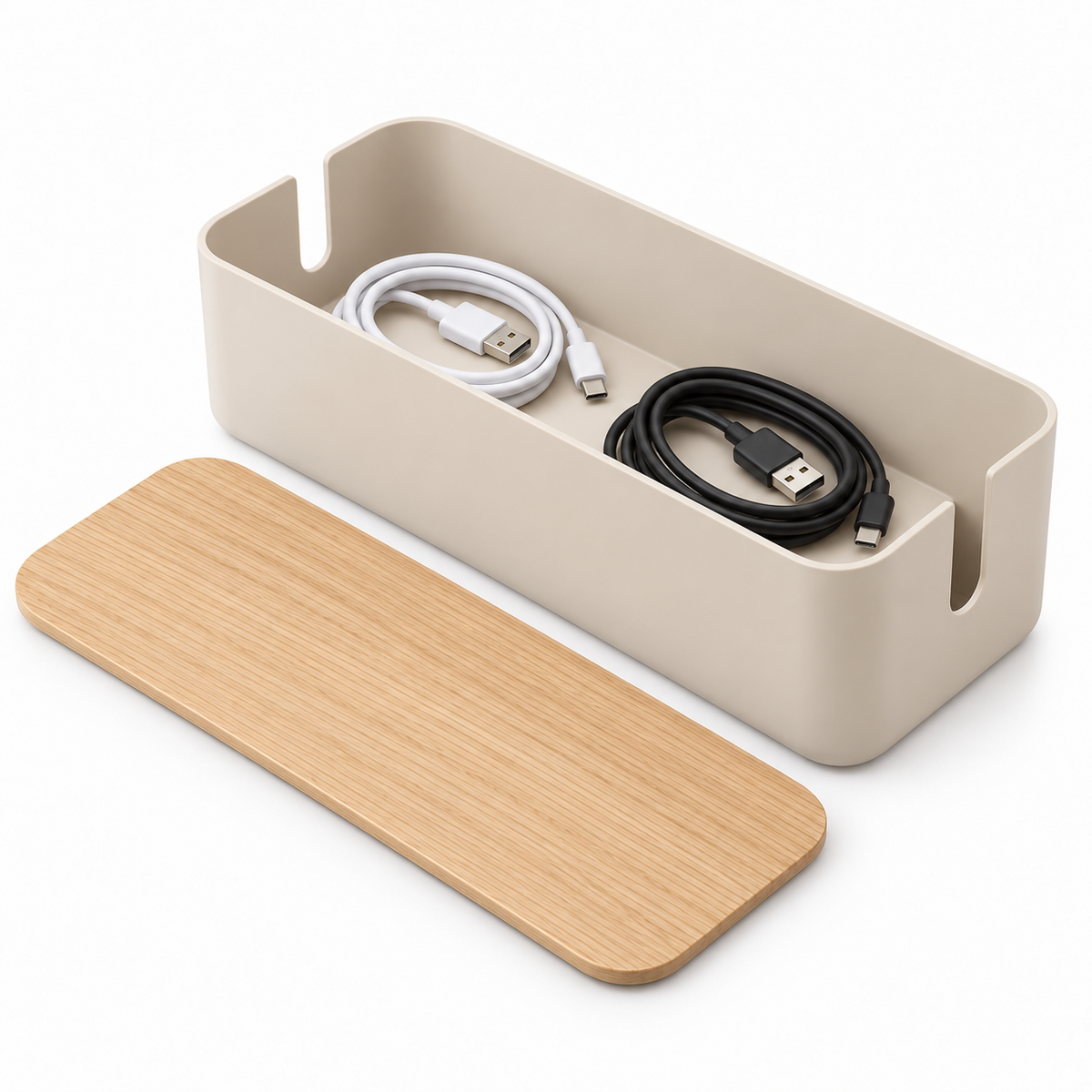Natural Oat Medium Cable Storage Box with Lid open to show loose cable storage