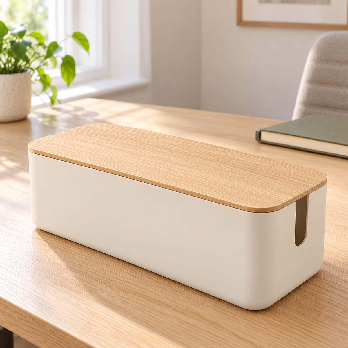 Natural Oat Medium Cable Storage Box with Lid on a home office desk