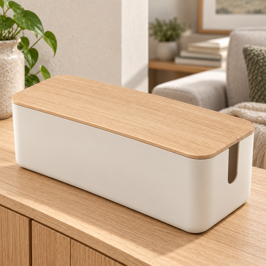 Natural Oat Medium Cable Storage Box with Lid on a living room console shelf