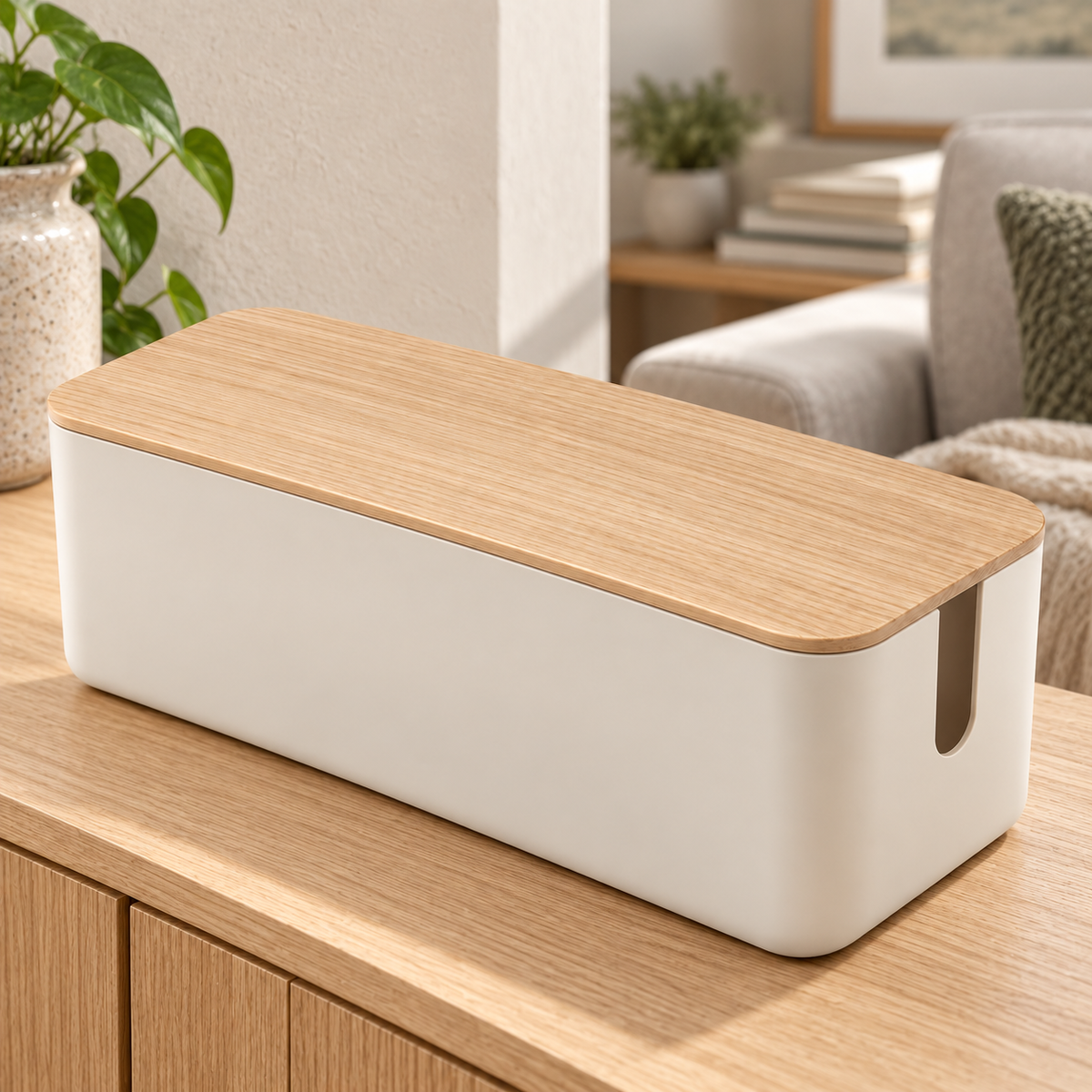 Natural Oat Medium Cable Storage Box with Lid on a living room console shelf