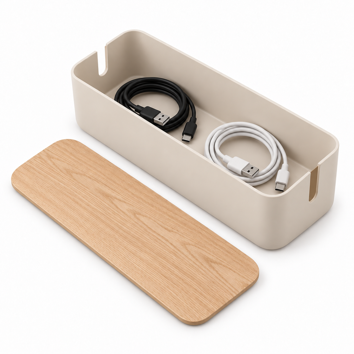 Natural Oat Large Cable Storage Box with Lid open to show loose cable storage