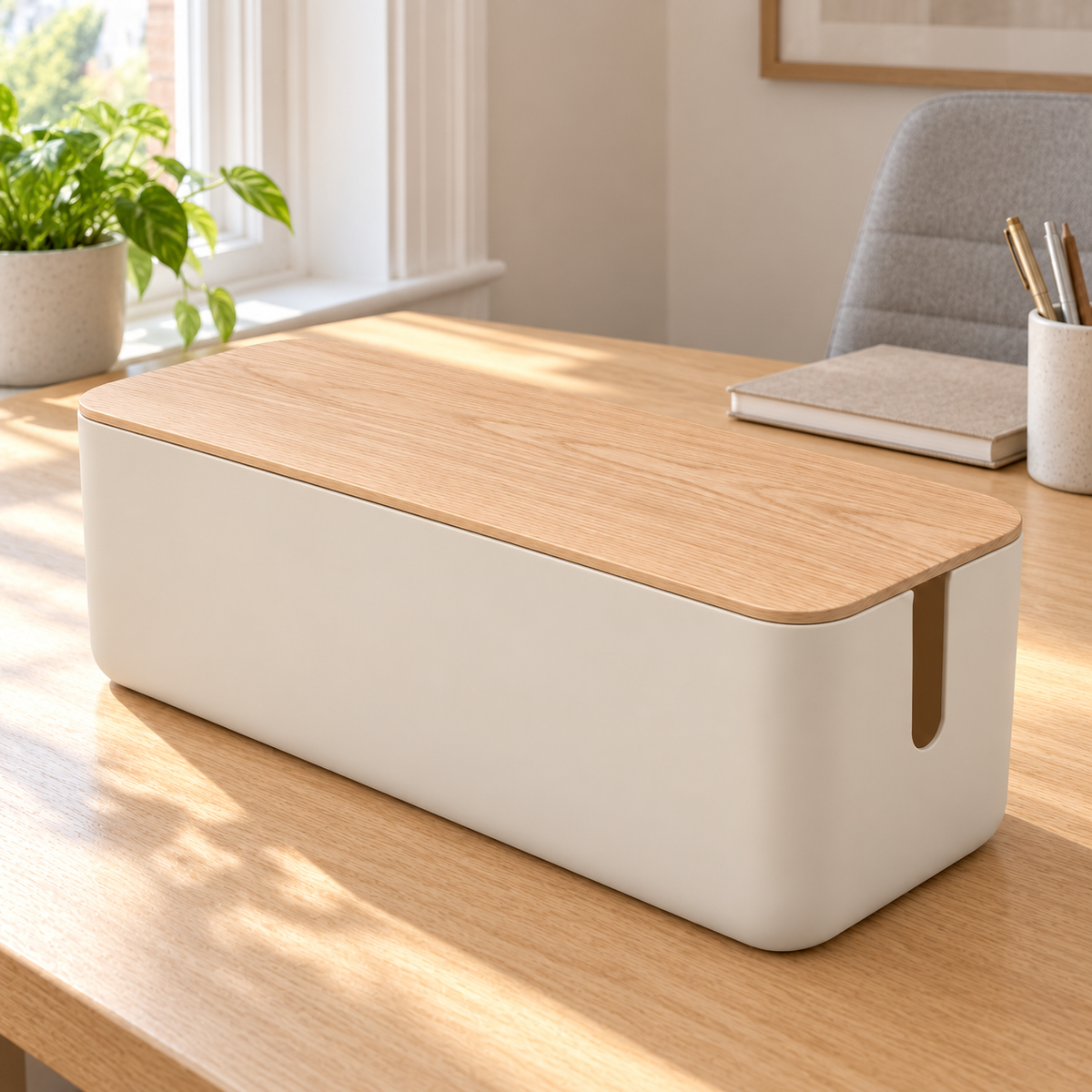 Natural Oat Large Cable Storage Box with Lid on a home office desk