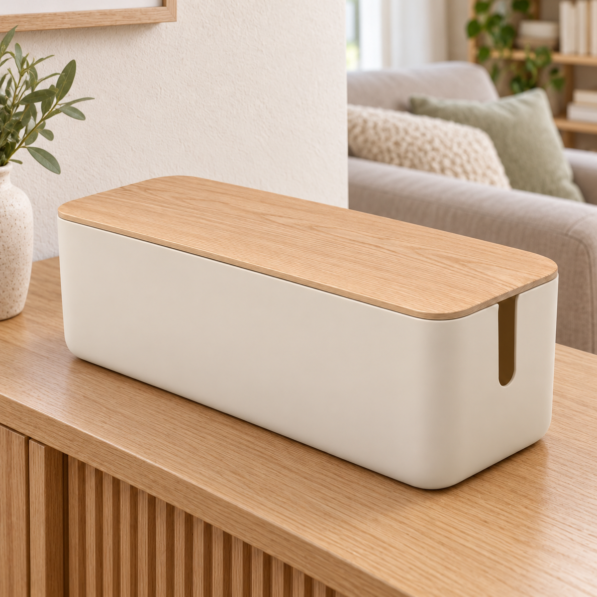 Natural Oat Large Cable Storage Box with Lid on a living room console shelf