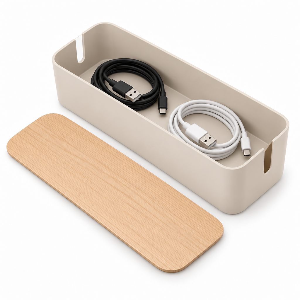 Natural Oat Slim Cable Storage Box with Lid open to show loose cable storage