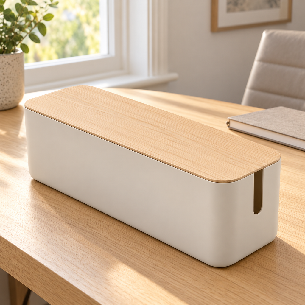 Natural Oat Slim Cable Storage Box with Lid on a home office desk
