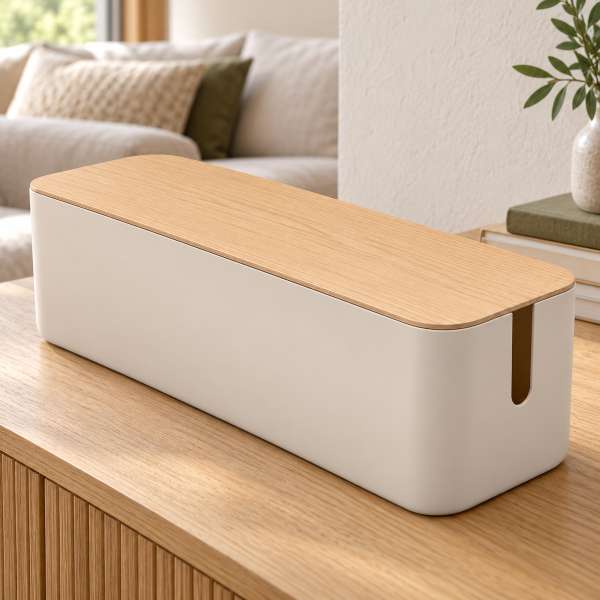 Natural Oat Slim Cable Storage Box with Lid on a living room console shelf