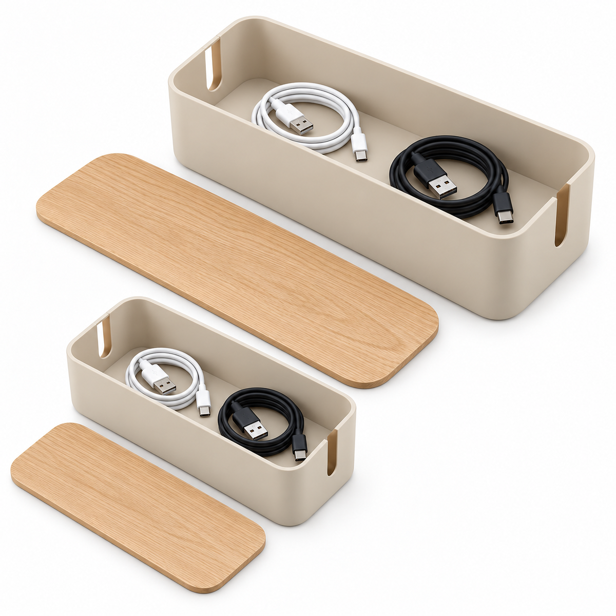 Natural Oat Small and Large Cable Storage Boxes, 2-Piece Set open to show loose cable storage