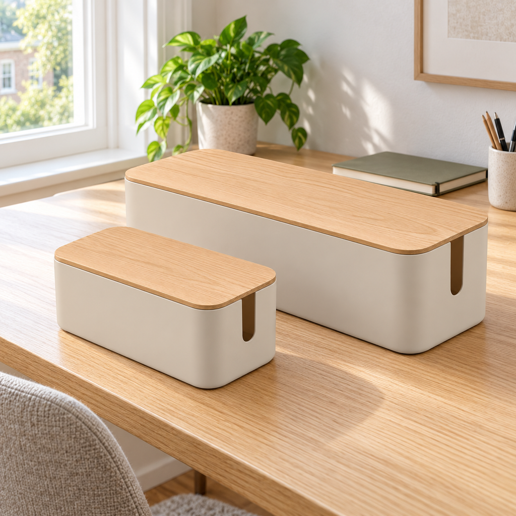 Natural Oat Small and Large Cable Storage Boxes, 2-Piece Set on a home office desk