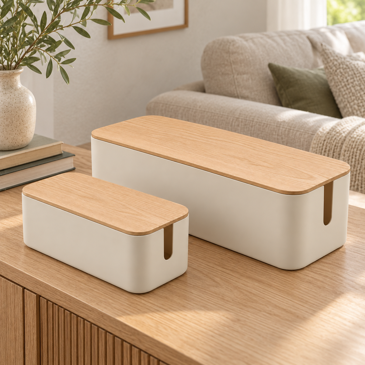 Natural Oat Small and Large Cable Storage Boxes, 2-Piece Set on a living room console shelf
