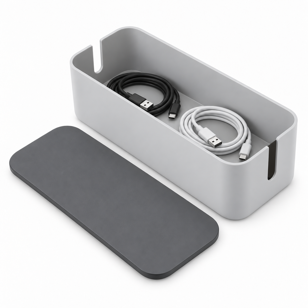 Slate Grey Small Cable Storage Box with Lid open to show loose cable storage