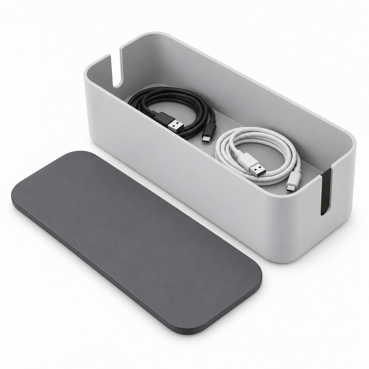 Slate Grey Small Cable Storage Box with Lid open to show loose cable storage
