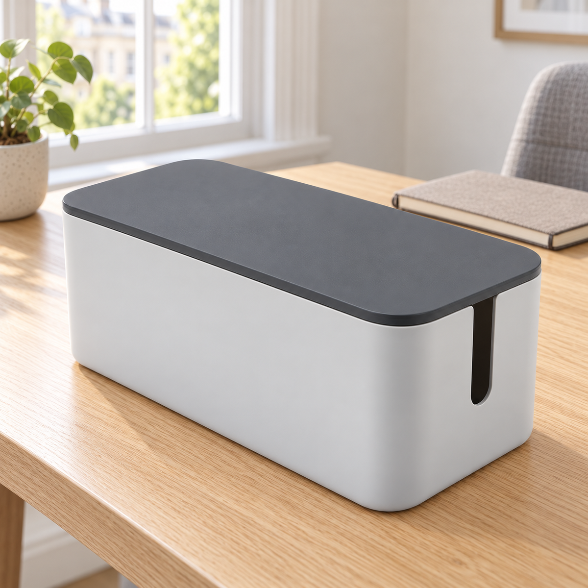 Slate Grey Small Cable Storage Box with Lid on a home office desk