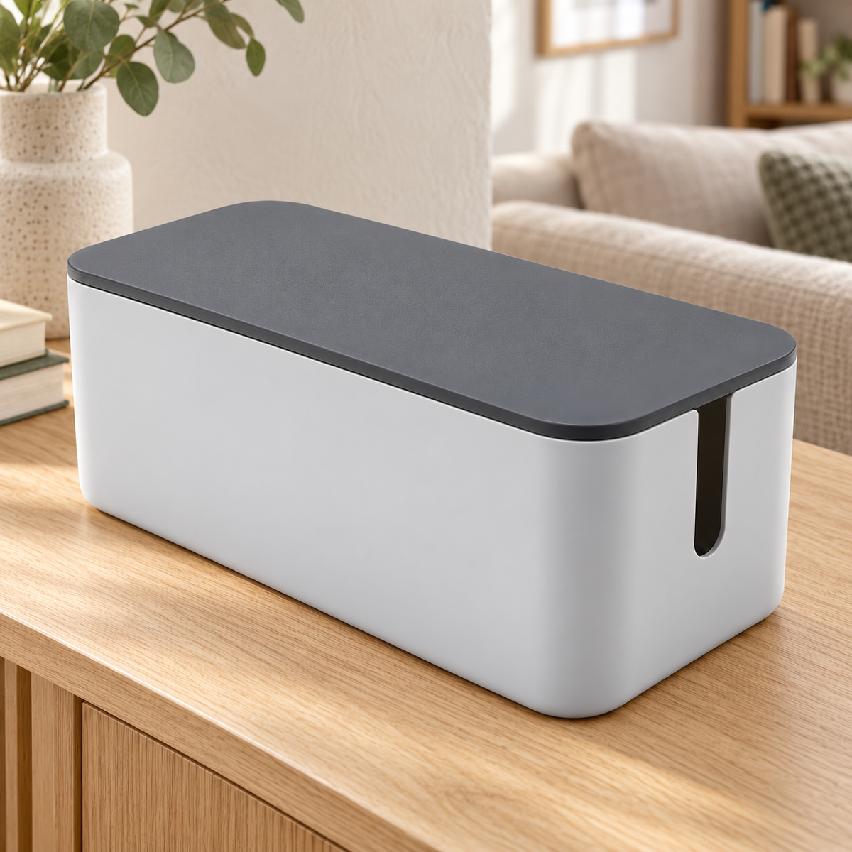 Slate Grey Small Cable Storage Box with Lid on a living room console shelf