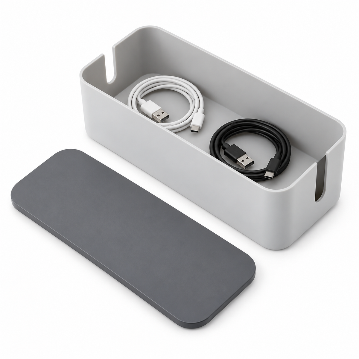 Slate Grey Medium Cable Storage Box with Lid open to show loose cable storage