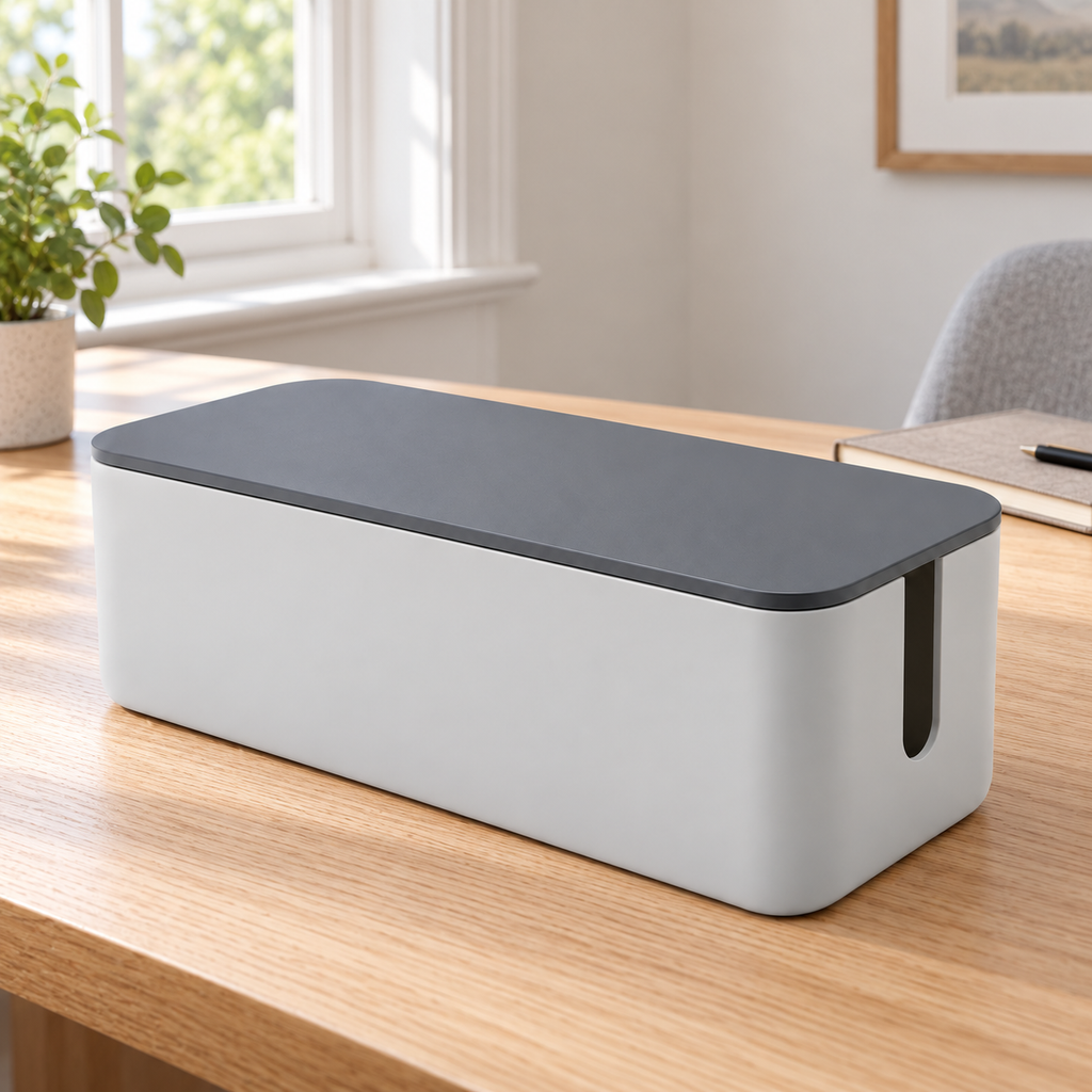 Slate Grey Medium Cable Storage Box with Lid on a home office desk