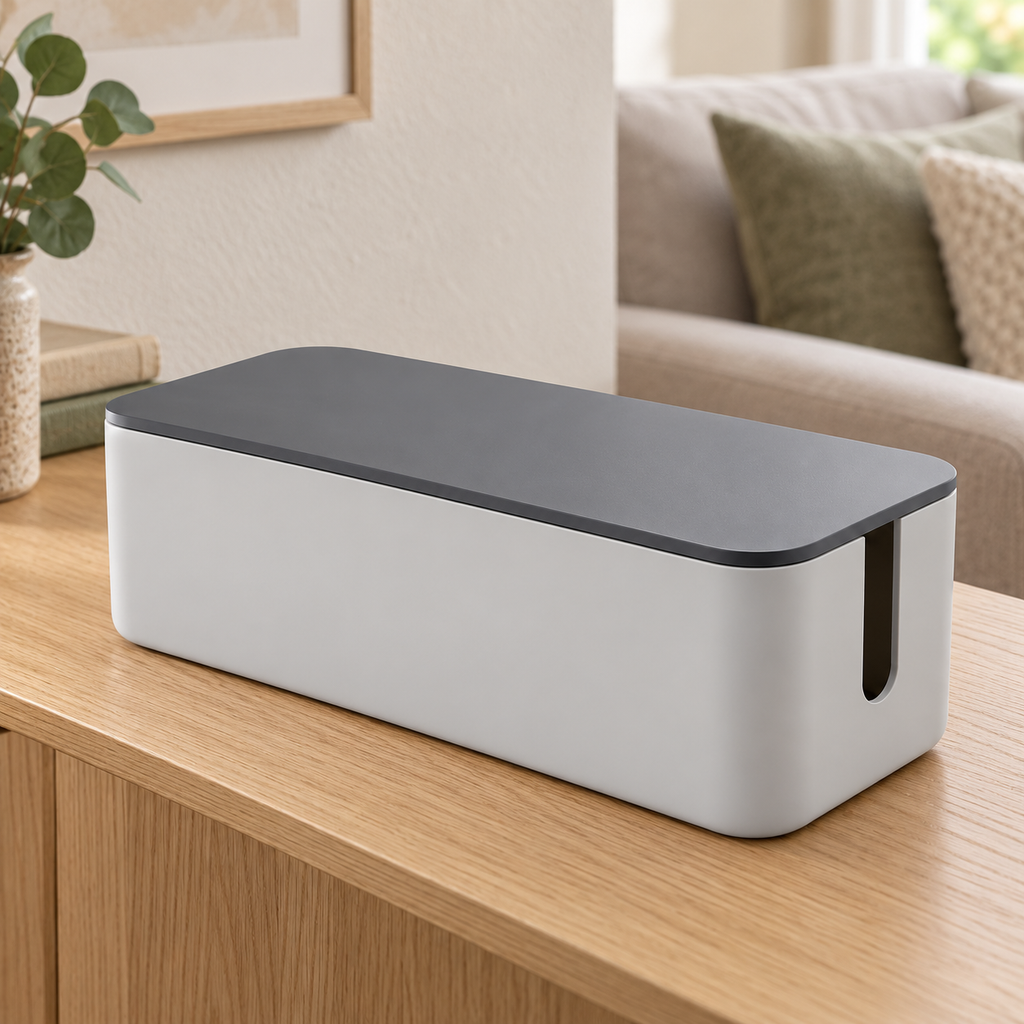 Slate Grey Medium Cable Storage Box with Lid on a living room console shelf