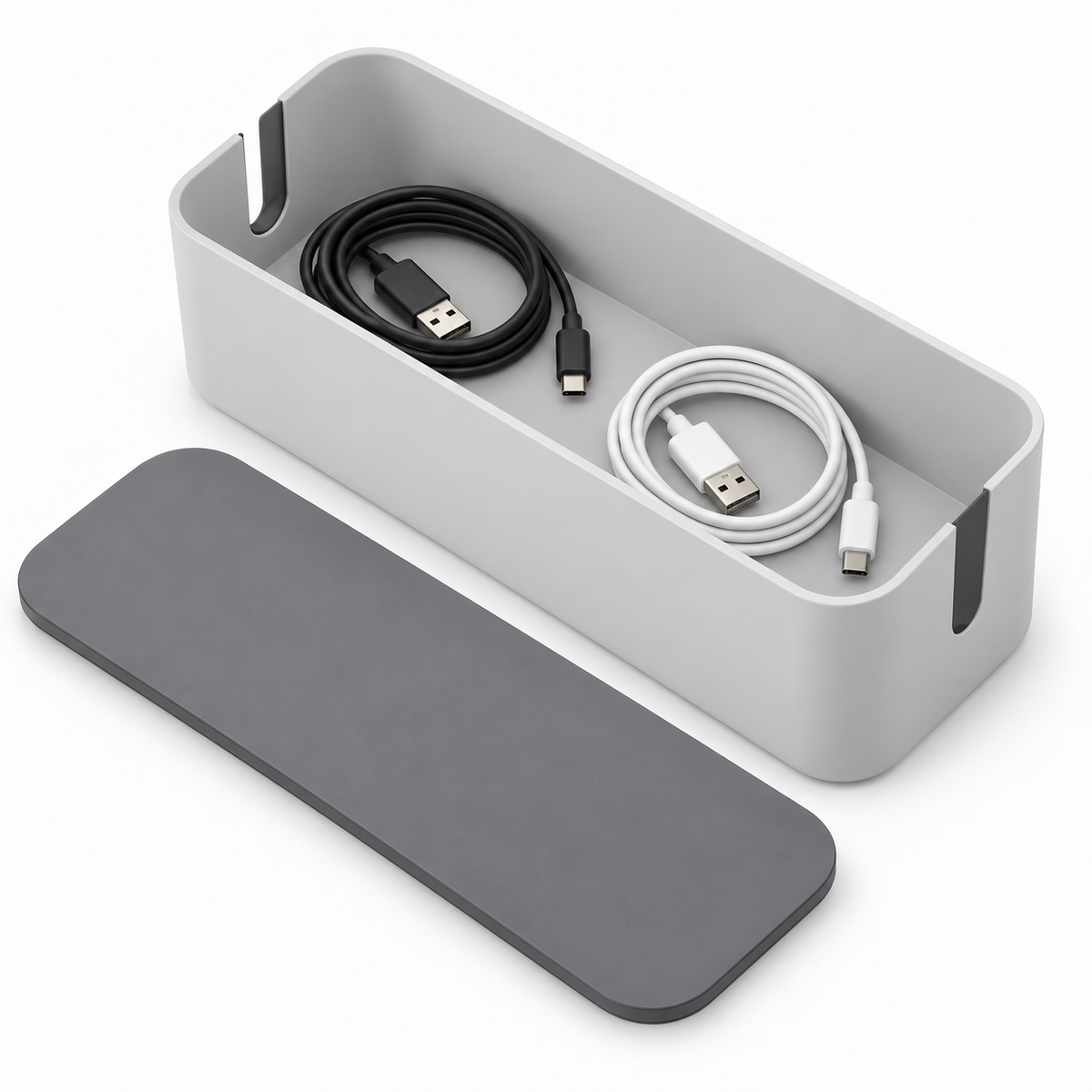 Slate Grey Large Cable Storage Box with Lid open to show loose cable storage