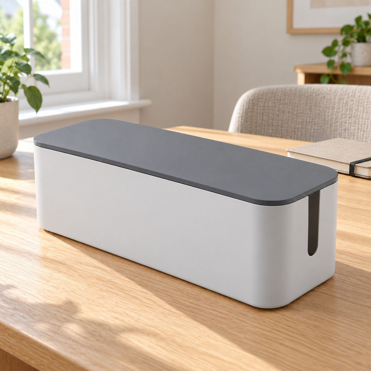 Slate Grey Large Cable Storage Box with Lid on a home office desk