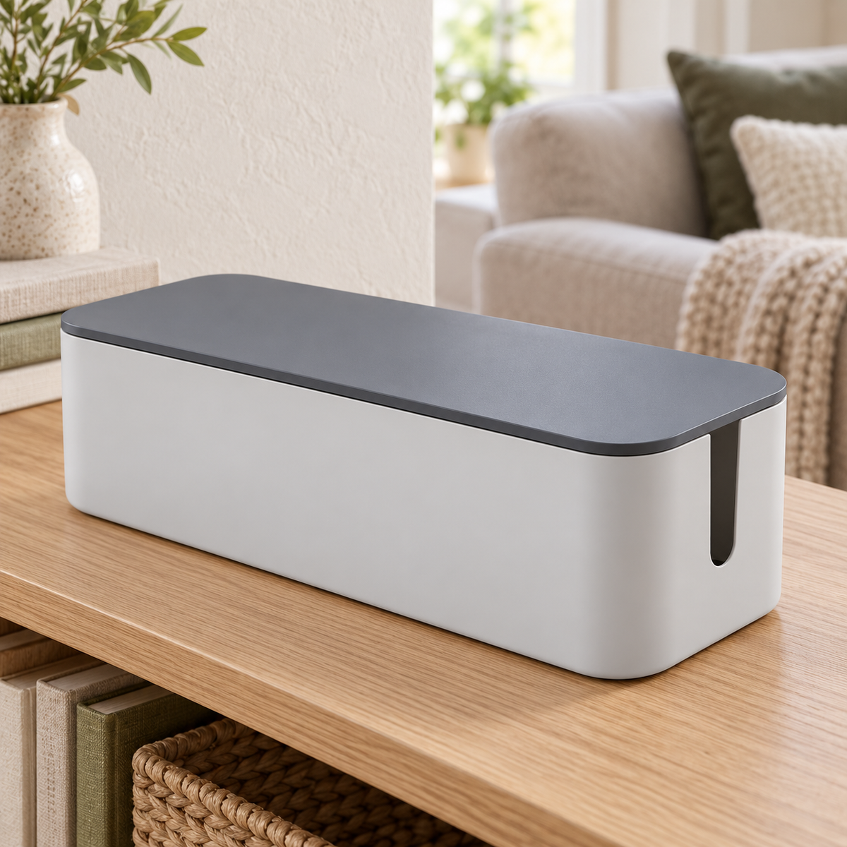 Slate Grey Large Cable Storage Box with Lid on a living room console shelf